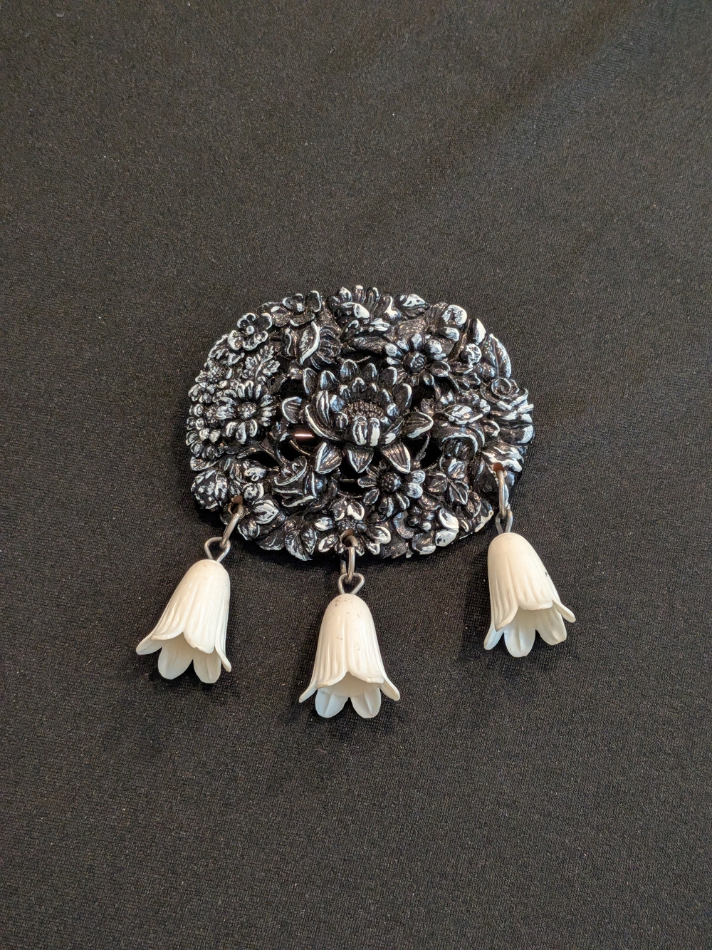 Vintage Victorian Celluloid Flowers Filigree Brooch with Bell Flower Dangles